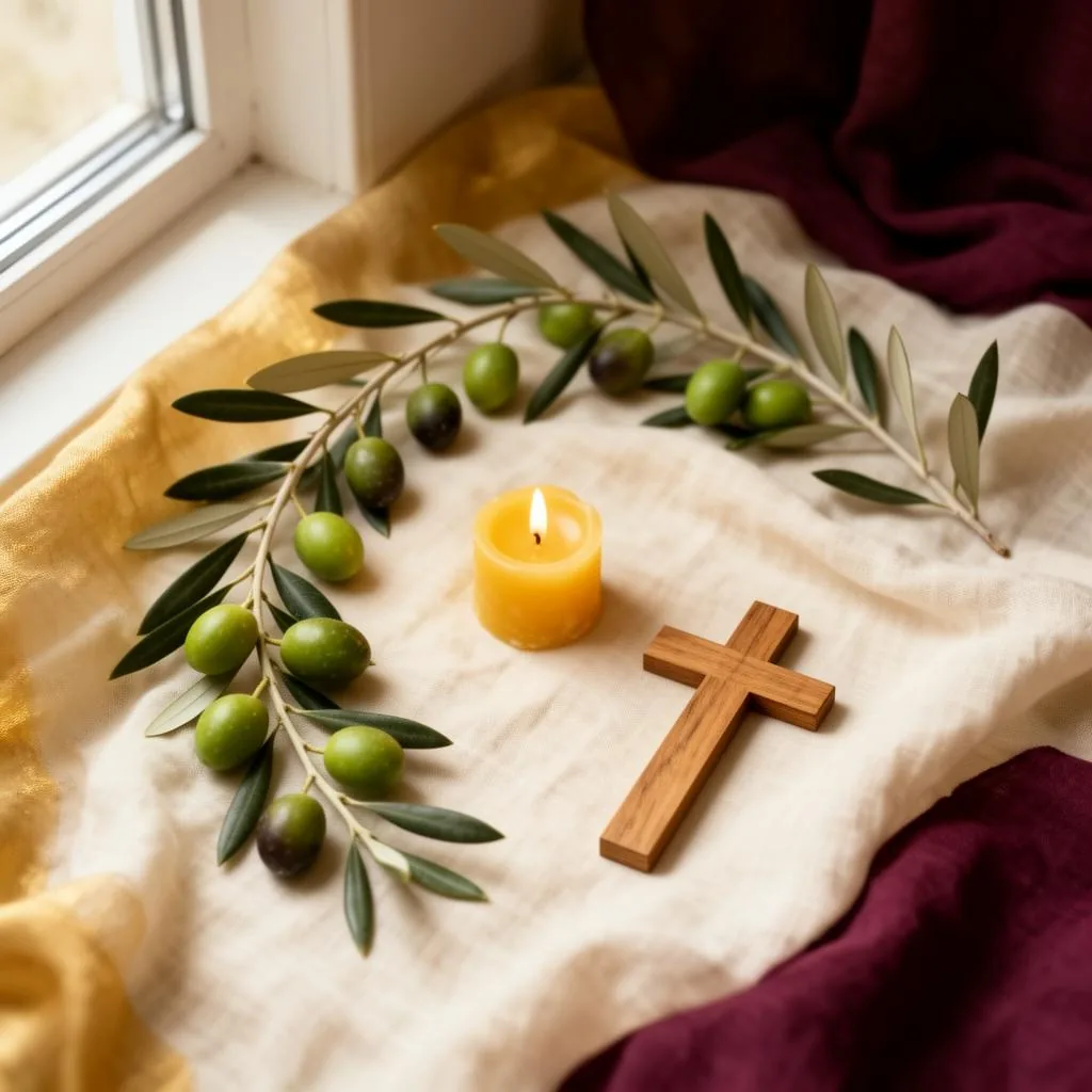 Olive branches, a beeswax candle, and a small wooden cross on cream linen